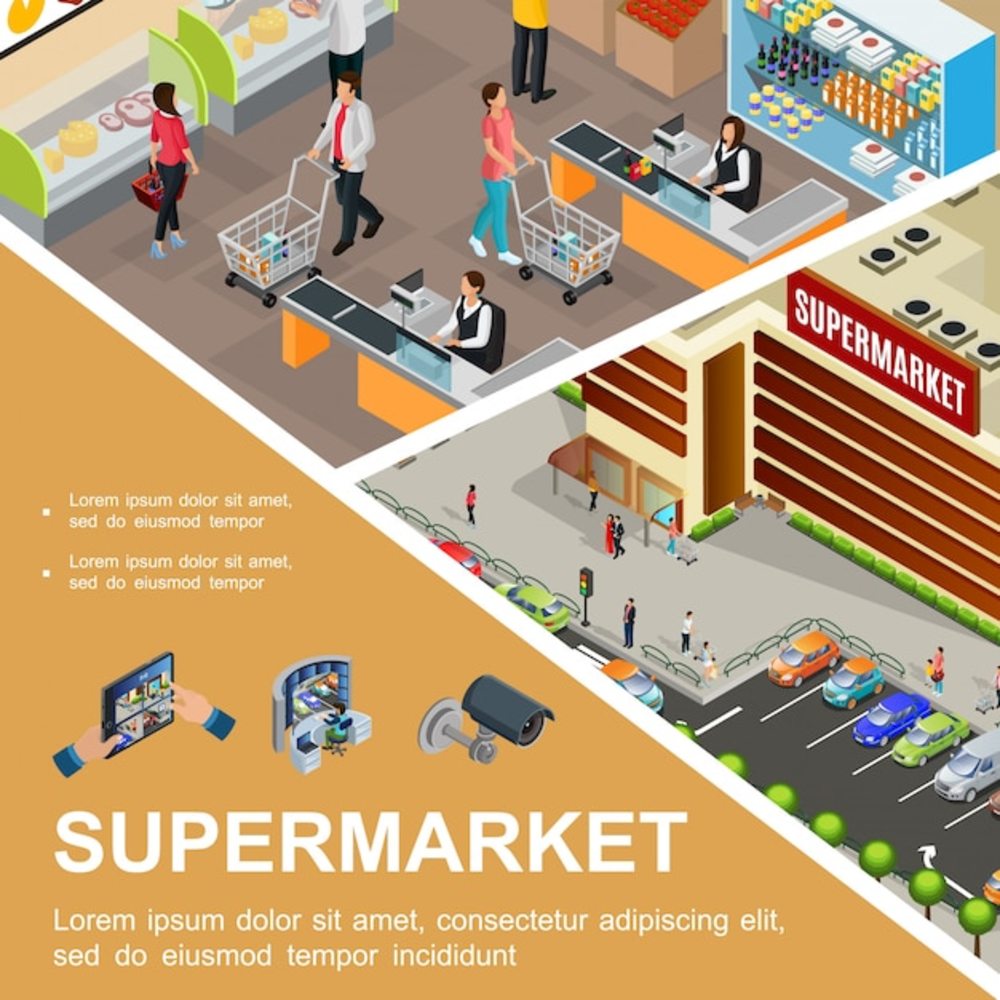 大型超市大厅摄像机和监控系统中停车顾客收银员的等距购物中心组合与超市建筑外车